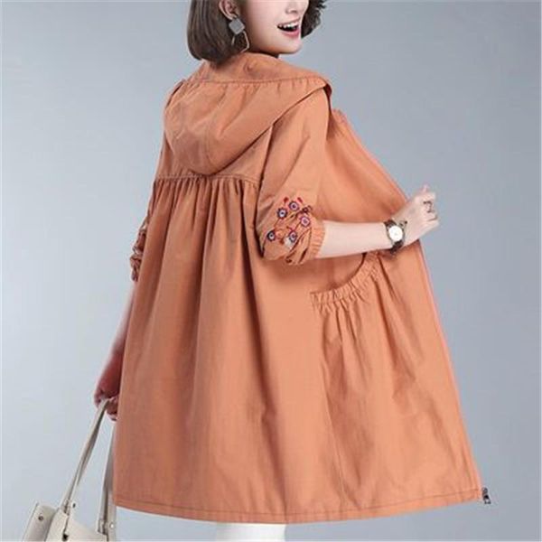 

women's trench coats ladies spring windbreaker mid-length 2021 fashion high-quality loose casual embroidered hooded long-sleeved jacket, Tan;black