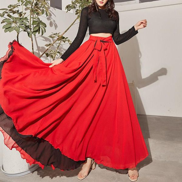 

skirts 2021 dance chiffon long for women elegant casual high waist boho beach maxi wear on both sides saias femme, Black
