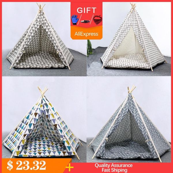 

portable pet tent dog house cat washable linen teepee cave with cushion&blackboard 8 colors for excursion outdoor beds & furniture