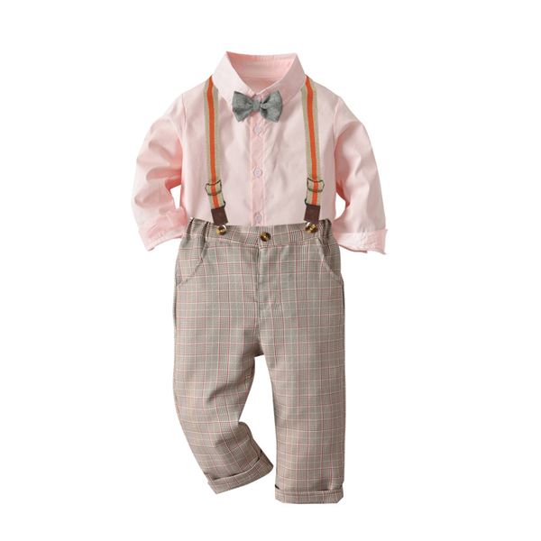 

cross-border boy autumn pink long sleeve shirt strap trousers gentleman set baby out of clothing holiday dress, White