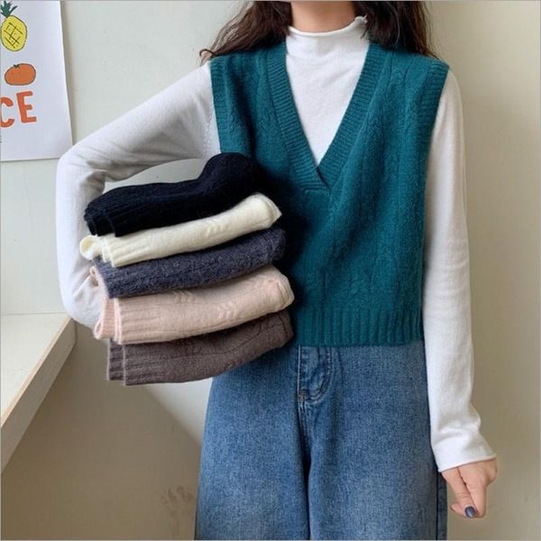 

women's vests est short style v-neck twist pattern sleeveless korean clothes teen girls casual loose knitted veste sans manche femme, Black;white