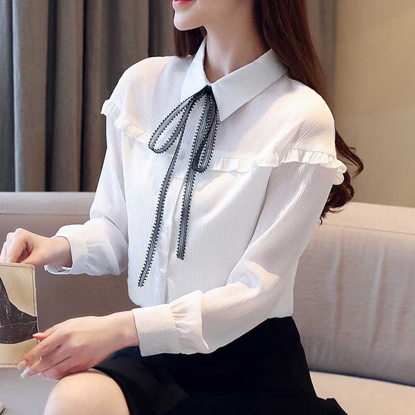 

korean chiffon shirts women bow white shirt plus size woman ruffle blouses blusas mujer de moda long sleeve 210531
