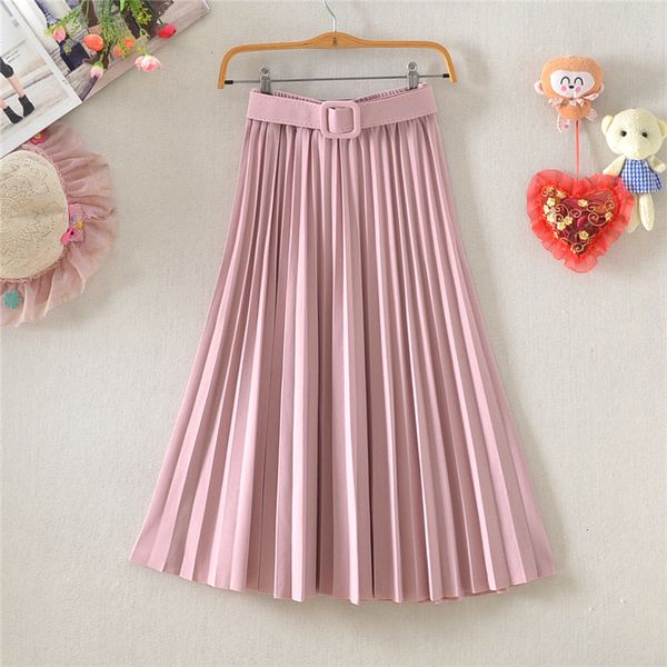 

skirts autumn korean style candy a-line pleated calf drape long with belt pink green khaki pwrq, Black