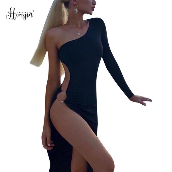 

vestidos one shoulder womens dress long sleeve side hole hollow out high split slit evening party clubwear stretch, Black;gray