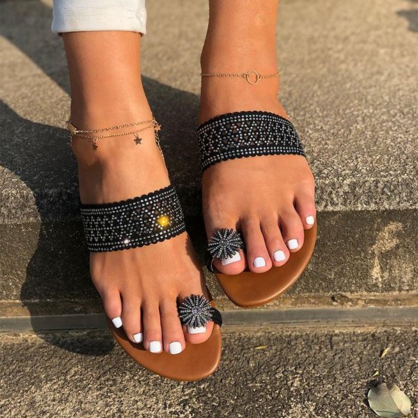 

slippers summer women's clip toes band rhinestone solid low heel beach woman sandals non slip fashion 2021 plu size, Black