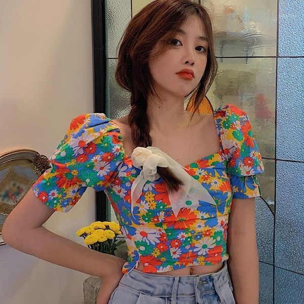 

sweet print short style women bubble sleeve blouse summer waist slim v-neck women's blouses & shirts, White