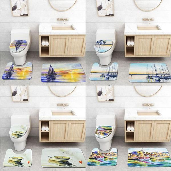 

3pcs morning glow boat bathroom rug toilet lid cover non-slip floor mat decor seat covers