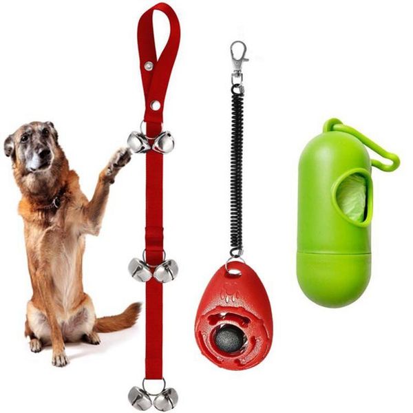 

dog collars & leashes puppy raise accessories sets pet training tool set adjustable doorbell rope clicker and waste bag 3 pcs random color