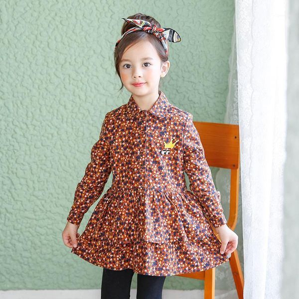 

girl's dresses 2021 spring autumn south korean small and medium-sized children with floral crown brooch girls long sleeved shirt dress, Red;yellow
