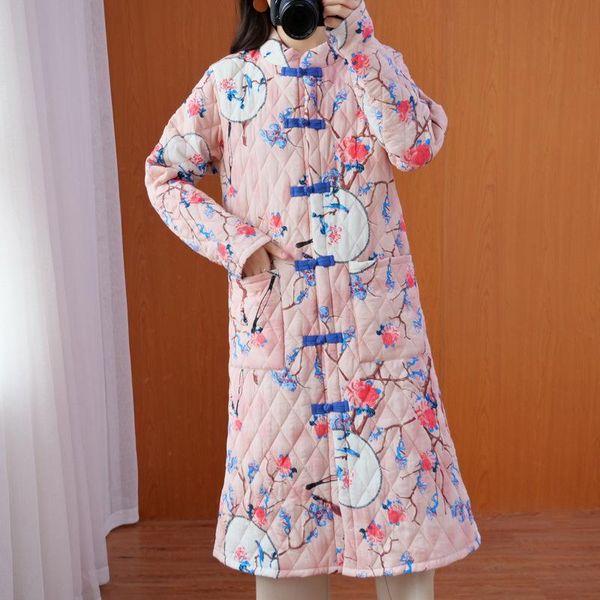 

ethnic clothing 2021 winter national style retro slim mid-length thickened buckle cotton-padded coat traditional chinese for women, Red