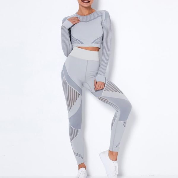 

yoga outfit women's seamless mesh sports long-sleeved coat striped fitness pants set workout wear high waist elastic leggings