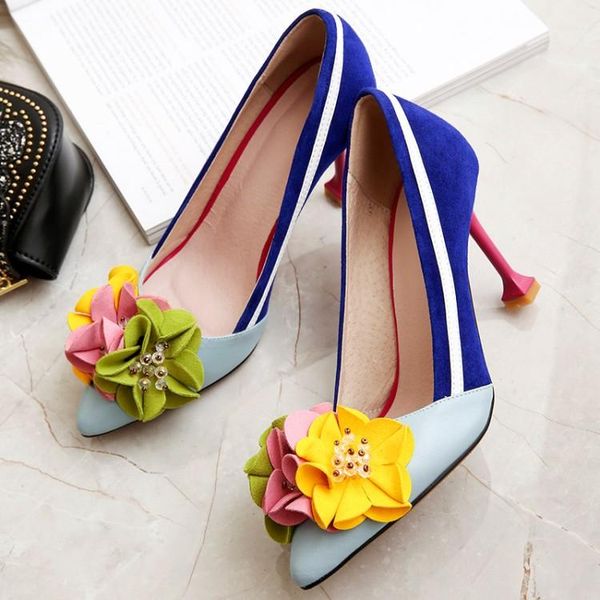 

dress shoes women's cowhide leather color matching pointed flower shallow mouth contrast striped cat heel high pumps, Black