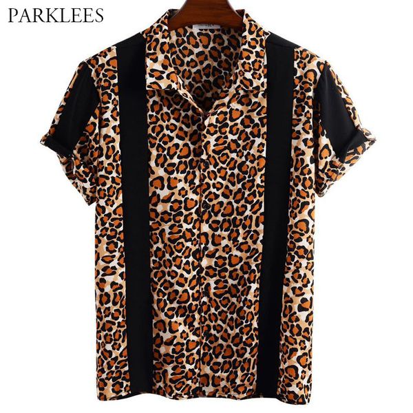 Мужская рубашка с принтом дикого леопарда, модные лоскутные рубашки для мужчин, повседневная сорочка на пуговицах Homme, хип-хоп, танцевальная уличная одежда, мужская 210524