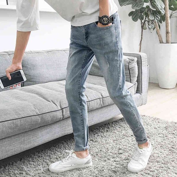 

men's jeans spring autumn casual men's ripped hole jeans slim feet pants washing denim teenagers hip hop pencil men, Blue