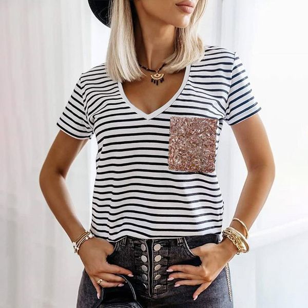 

summer t shirt shiying short sleeve female 2021 stripe stitching bright poet piece 2515942, White