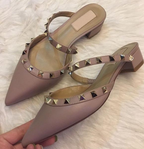 

brand v rivet shoes thick heel 3cm women's sandals and slippers leather shallow mouth baotou pointed half, Black