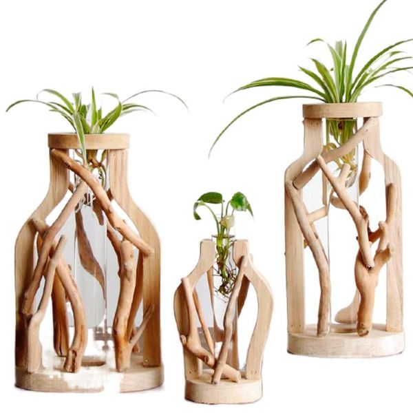 

vases pure handmade wooden vase pastoral micro landscape creative solid wood glass flower hydroponic container home decoration