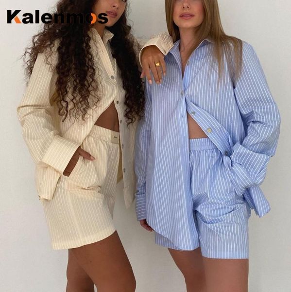 

women's tracksuits two piece set women casual suit turn down collar single breasted striped loose shirt shorts work homewear summer str, Gray