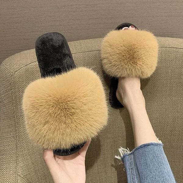 

slippers 2021 faux fur women fluffy warm plush flip flops fashion winter furry candy color shoes female home slides sandals, Black