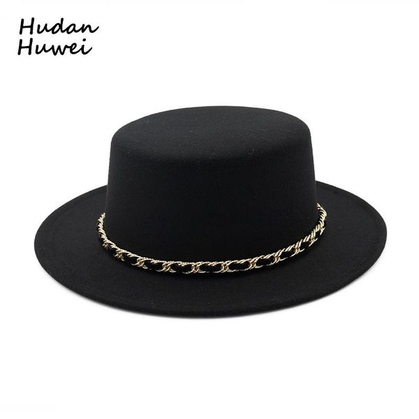 

stingy brim hats european us women wool felt boater hat flat fedoras with chain band wide feltro bowler gambler chapeau, Blue;gray