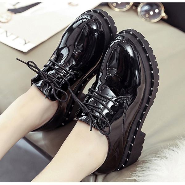 

dress shoes casual ladies footwear drop women platform low heel lace up creepers for female fashion rivet patent leather pumps, Black