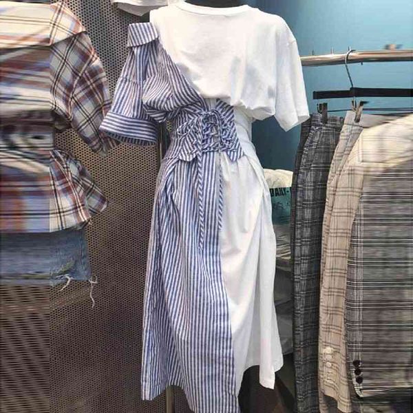 

plaid patchwork women dresses short sleeve knee-length vestido irregular summer fake two pieces dress 210601, Black;gray