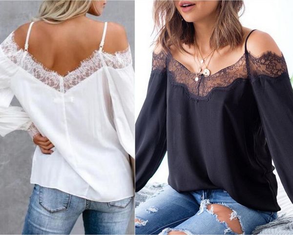 

women's t-shirt 2021 sell summer women spring lace v-neck strapless long sleeve elegant blouse shirts solid off shoulder patchwork, White