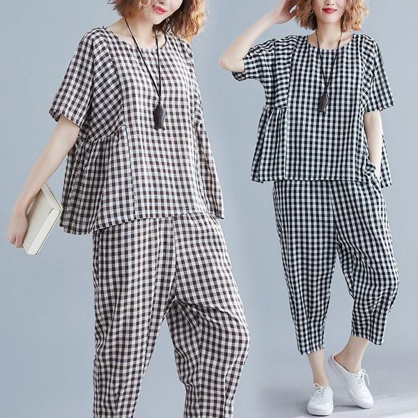 

summer plaid two piece cotton tracksuit middle -aged women loose + casual pants suits 2 set fashion outfits l377 women's, White