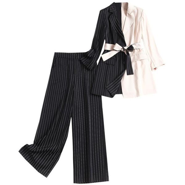 

women's suits & blazers 2021 spring clothes for women high-end contrast color patchwork 2 pieces set temperament blazer + pants, White;black