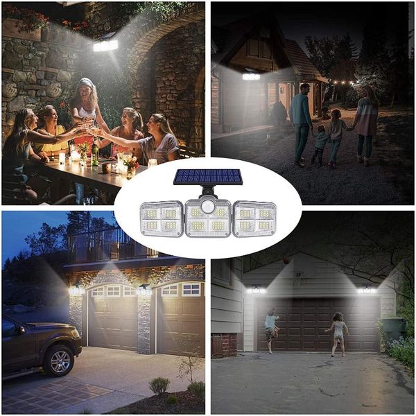 

solar lamps 122 led outdoor lights 3 adjustable heads 270Â° three optional modes motion sensor waterproof remote control street lamp