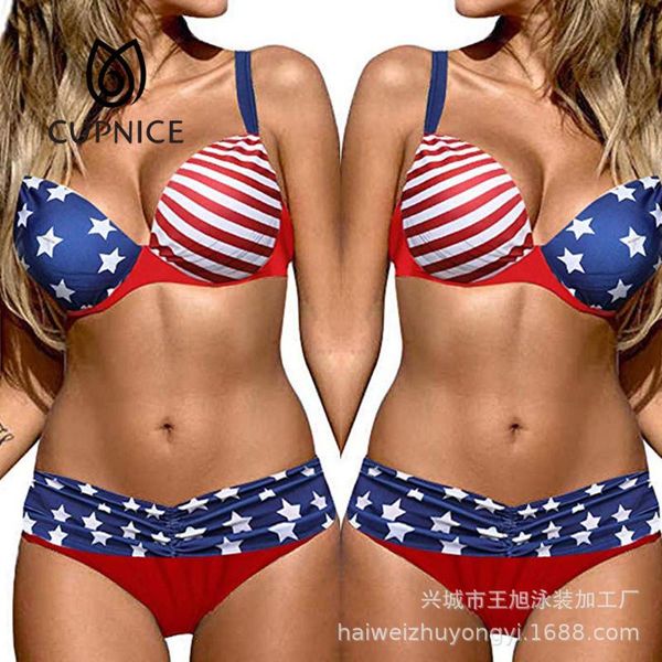 

women's swimwear cupnice american flag print bikini set plus size european and striped ladies split swimsuit, White;black