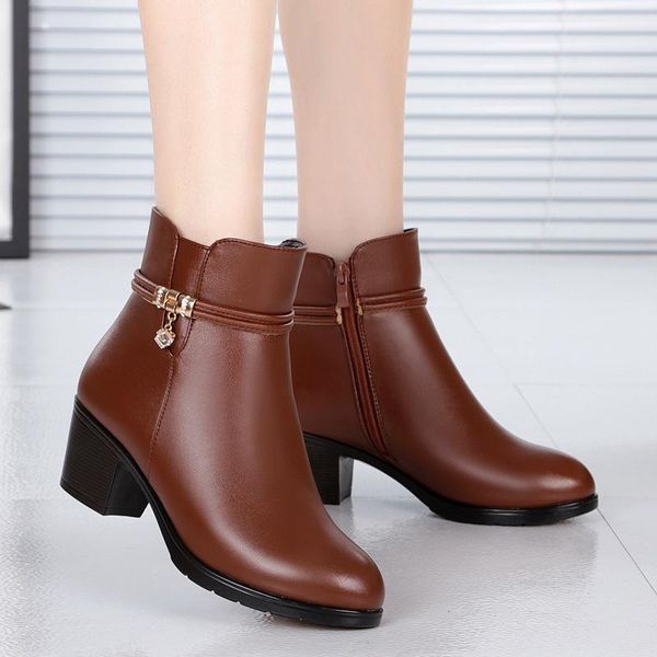 

boots fashion soft leather women ankle high heels zipper shoes warm fur winter for plus size 35-43, Black