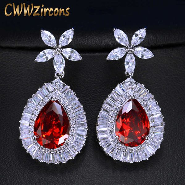 

luxury garnet red cz jewelry elegant large pear drop cubic zirconia womens fashion dangle earrings cz387 210714, Silver