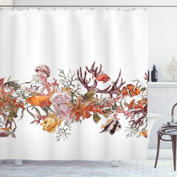 

shower curtains sea animals curtain fish seaweed starfish coral algae jellyfish life summertime illustration bathroom decor set