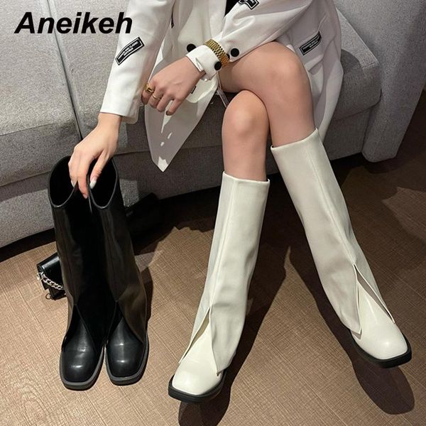 

boots aneikeh fashion soft leather platform heigh flat with pants women's 2021 solid round toe knee-high sewing shoes, Black