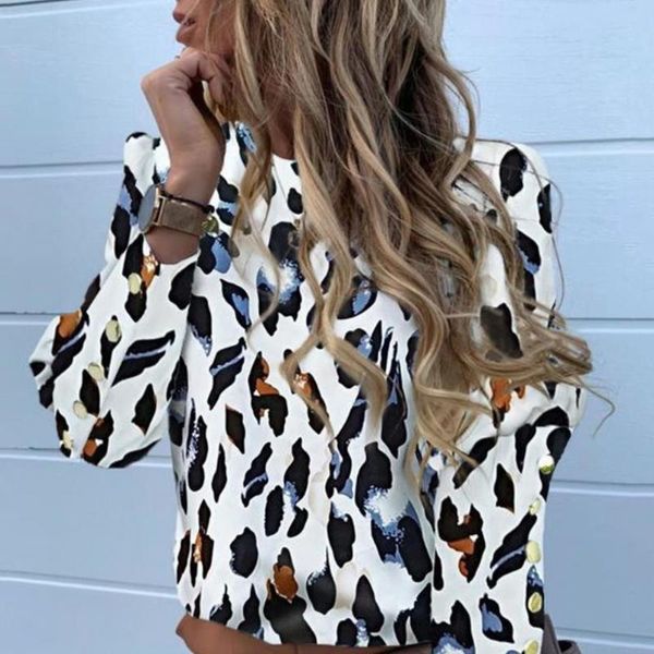

women's blouses & shirts floral solid color metal buttons women slim blouse long sleeve all-matched print o neck office daily workwear, White