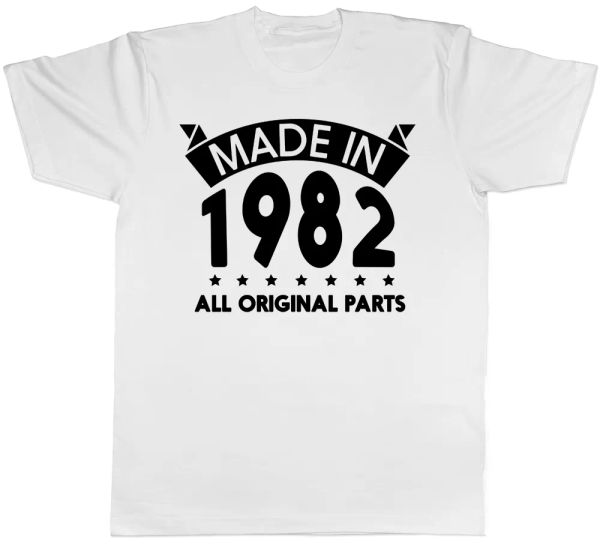 

made in 1982 all original parts birthday mens short sleeve t-shirt, White;black