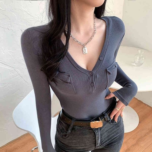 

women's sweaters t-shirt with v-collar for women, slim shirt elasticity, long sleeve, pocket, korean fashion, spring, clothes, qxra, White;black