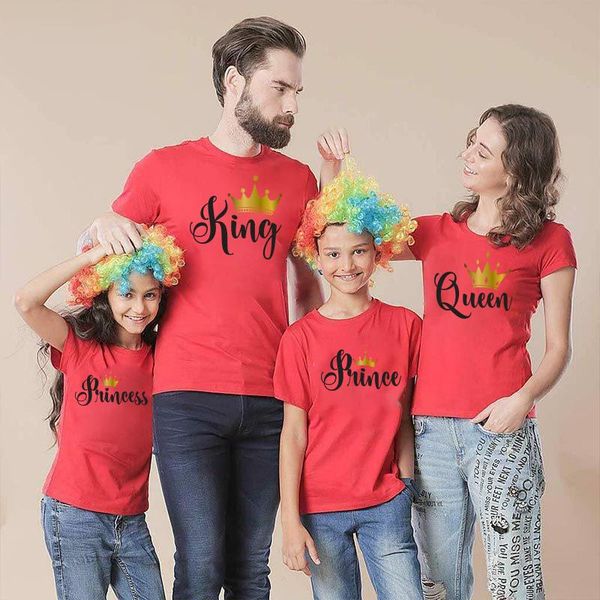 

family matching outfits fashion prince princess clothes gold crown print tshirt casual father son mother and daughter t shirt, Blue