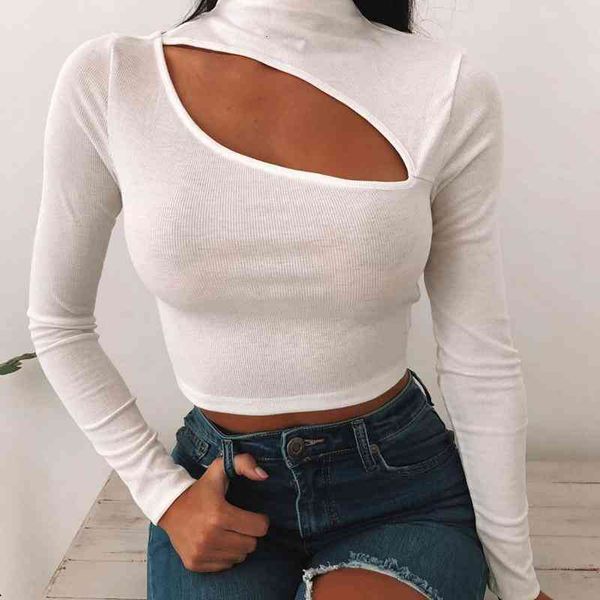 

spring women's t-shirt crop t shirts front cut out long sleeve ribbed knit short felame casual turtleneck tees autumn women high neck, White