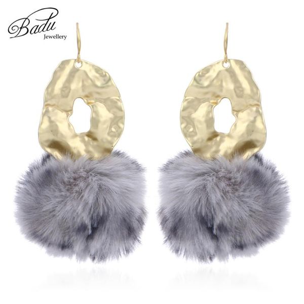 

badu artificial fur ball earring big pompom vintage dangle drop earrings for women christmas party jewelry gift autumn winter & chandelier, Silver