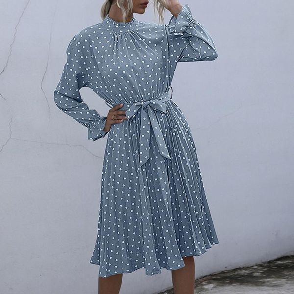 

casual dresses autumn elegant polka dot print dress women wave point lace up adjustable elastic waist midi pleated slim long sleeve, Black;gray