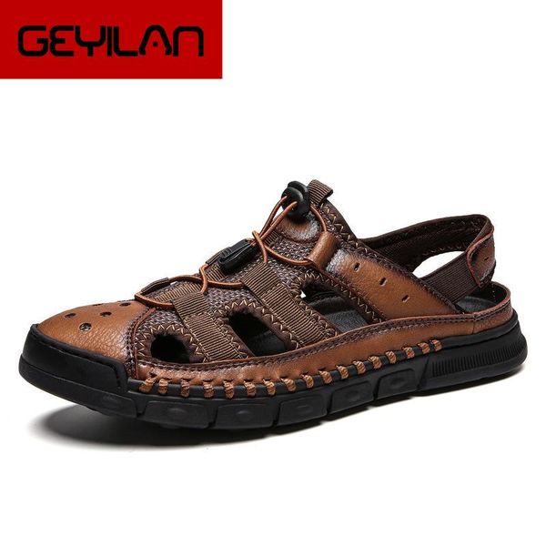 

sandals genuine leather men summer shoes flats 2021 casual beach platform, Black