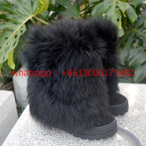 

boots real po woman winter whole black fur inner heel snow double platform wedge