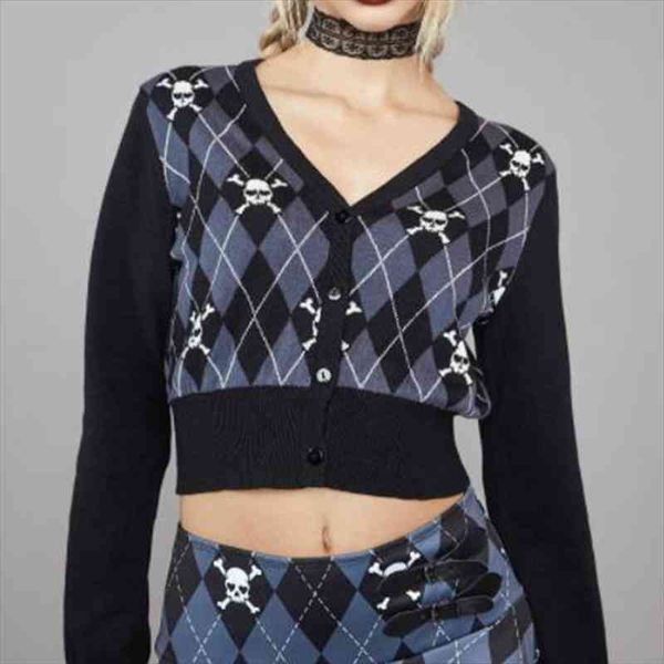 

punk style skulls print knitwear e-girl mall goth knitted sweater autumn v neck long sleeve crop cardigan women vintage clothes, White;black