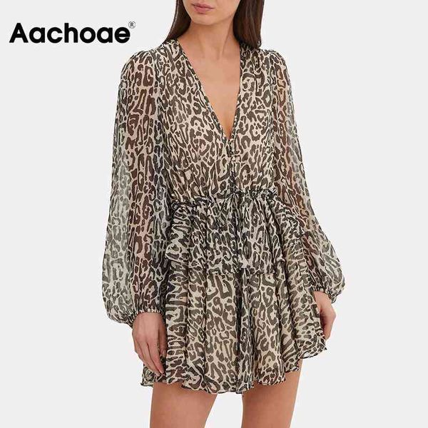 V pescoço leopardo ver através da lanterna manga chiffon mini impressão praia vestido plissado vestidos mujer 210413