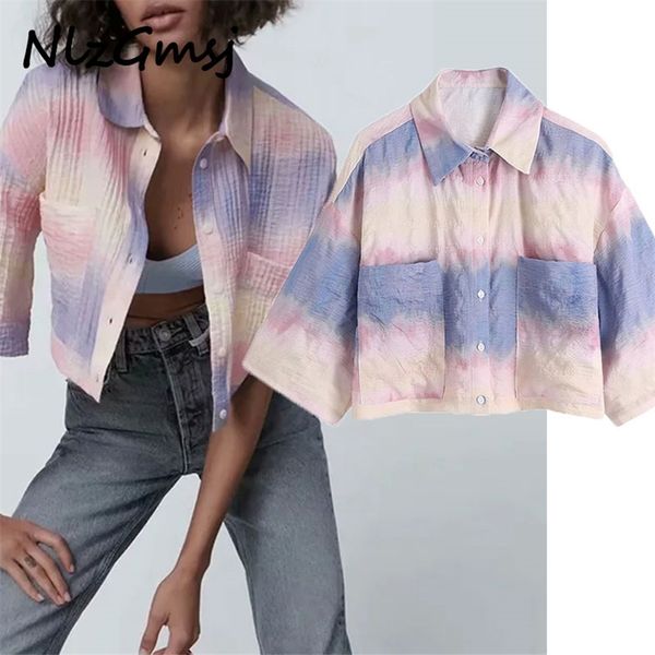 

blouse women summer fashion single-breasted tie dye half sleeve turn-down collar shirt 03 210628, White