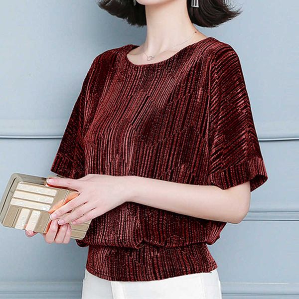 

korean chiffon women's shirt blouses for women short sleeve vintage female o-neck satin basic 210604, White