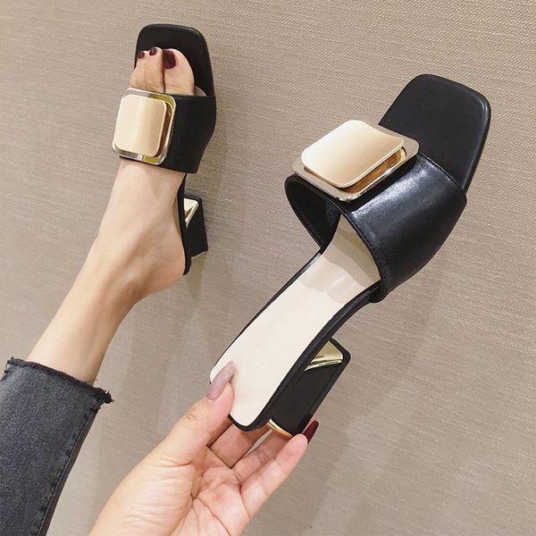 

fashion non-slip sandals women's 2021 thick heel square sequins lazy people wear simple shoes slippers, Black