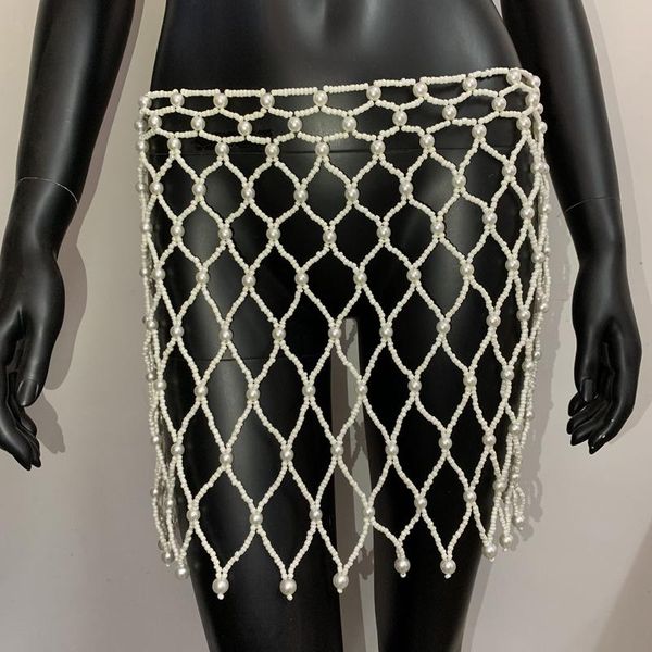 

skirts simple solid handmade pearl women skirt fashion patchwork adjustable chain perfomance njghtclub body for lady, Black
